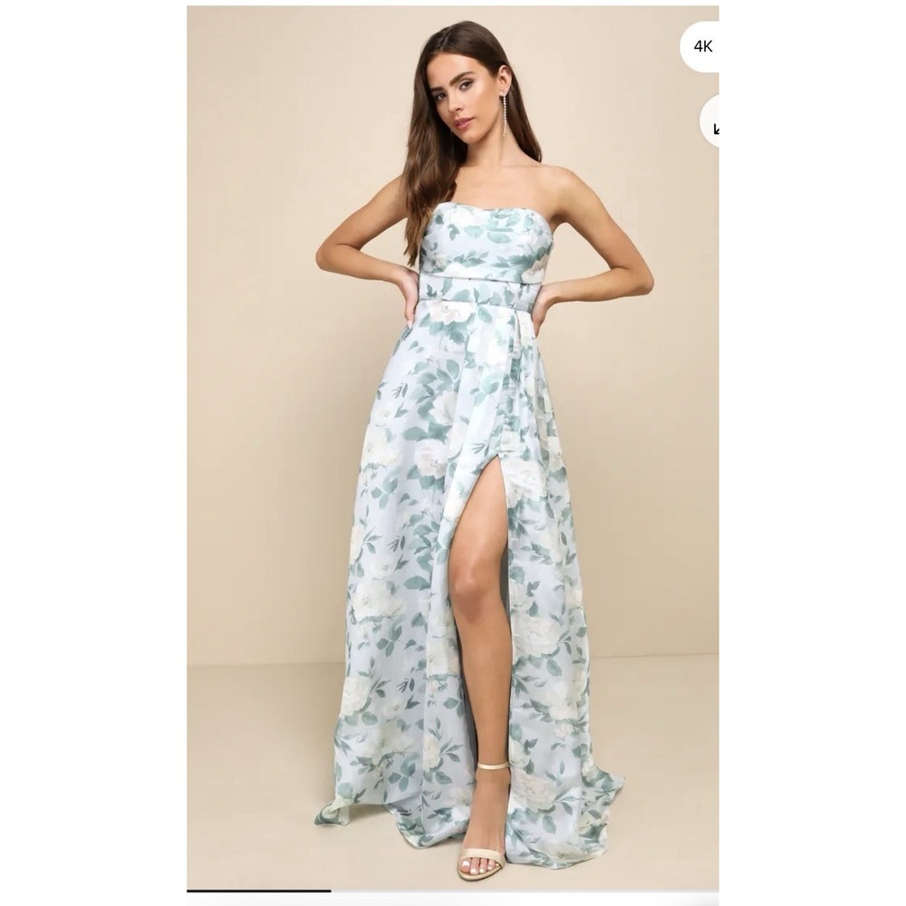 Lulus Light Blue Floral Strapless Maxi Dress Sz Medium NWT Wedding Guest Party - Picture 1 of 9